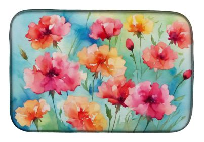 Carnations in Watercolor Dish Drying Mat Absorbent Dish Drying Mat Pad for Kitchen Counter Dish Drainer Mat for Countertop, 14 x 21", Multicolor