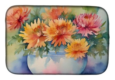 Chrysanthemums in Watercolor Dish Drying Mat Absorbent Dish Drying Mat Pad for Kitchen Counter Dish Drainer Mat for Countertop, 14 x 21", Multico